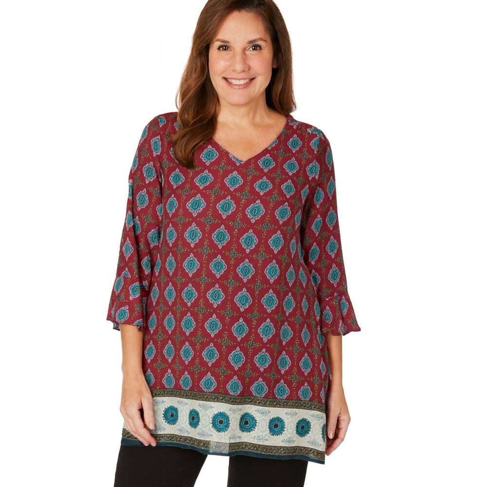 Simply Noelle Tunic Blouse‎ Sz L/XL Red V-Neck 3/4 Sleeves Geometric Print Boho